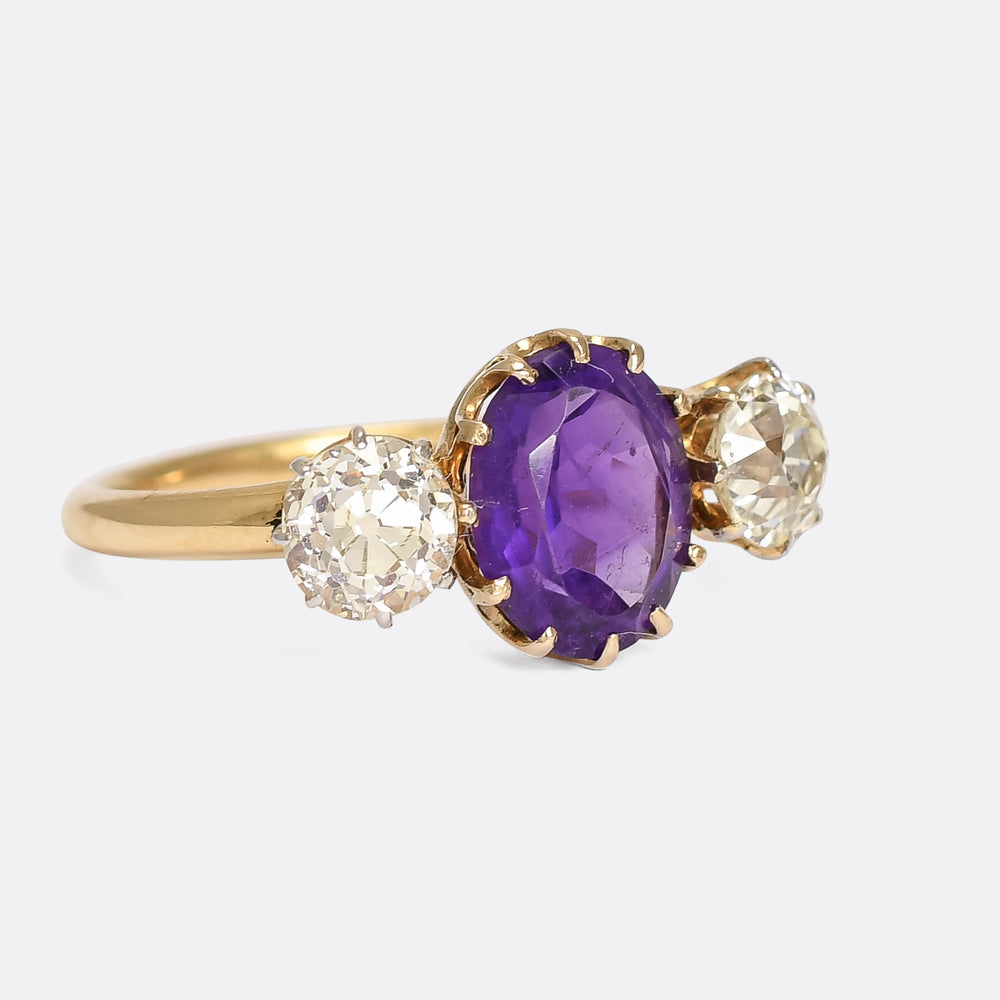 Late Victorian Amethyst & Old Cut Diamond Trilogy Ring