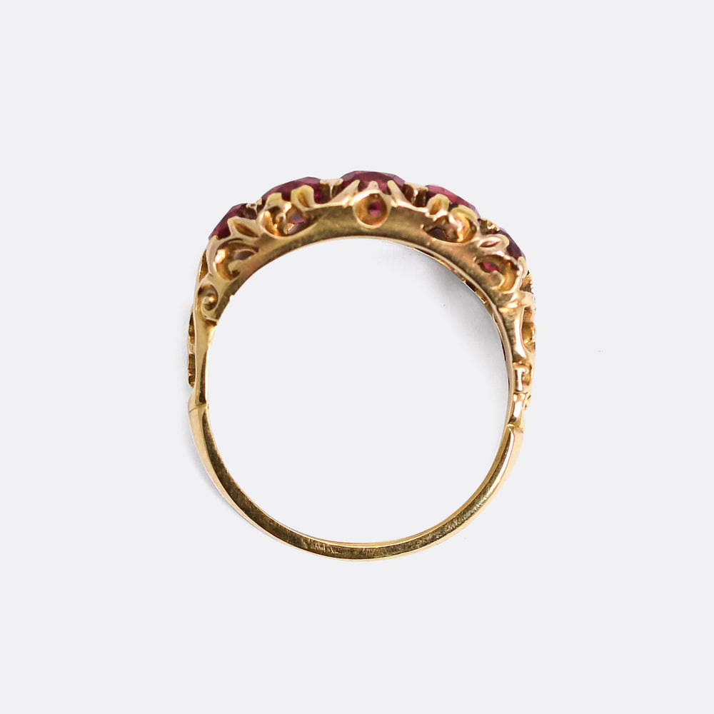Late Victorian Red Spinel 5-Stone Carved Half-Hoop Ring