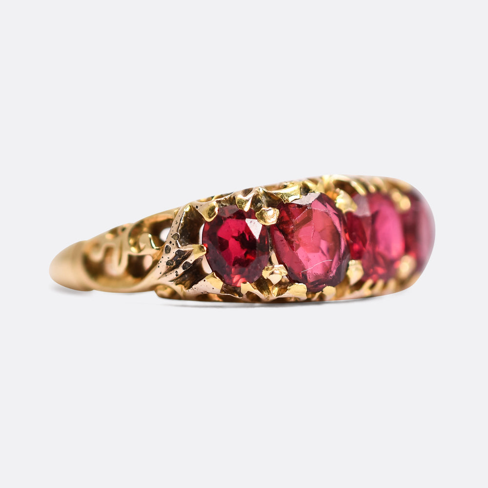 Late Victorian Red Spinel 5-Stone Carved Half-Hoop Ring