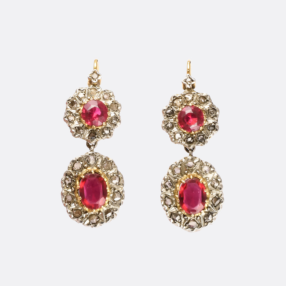 Late Victorian Ruby Paste & Rose Diamond Double Cluster Earrings