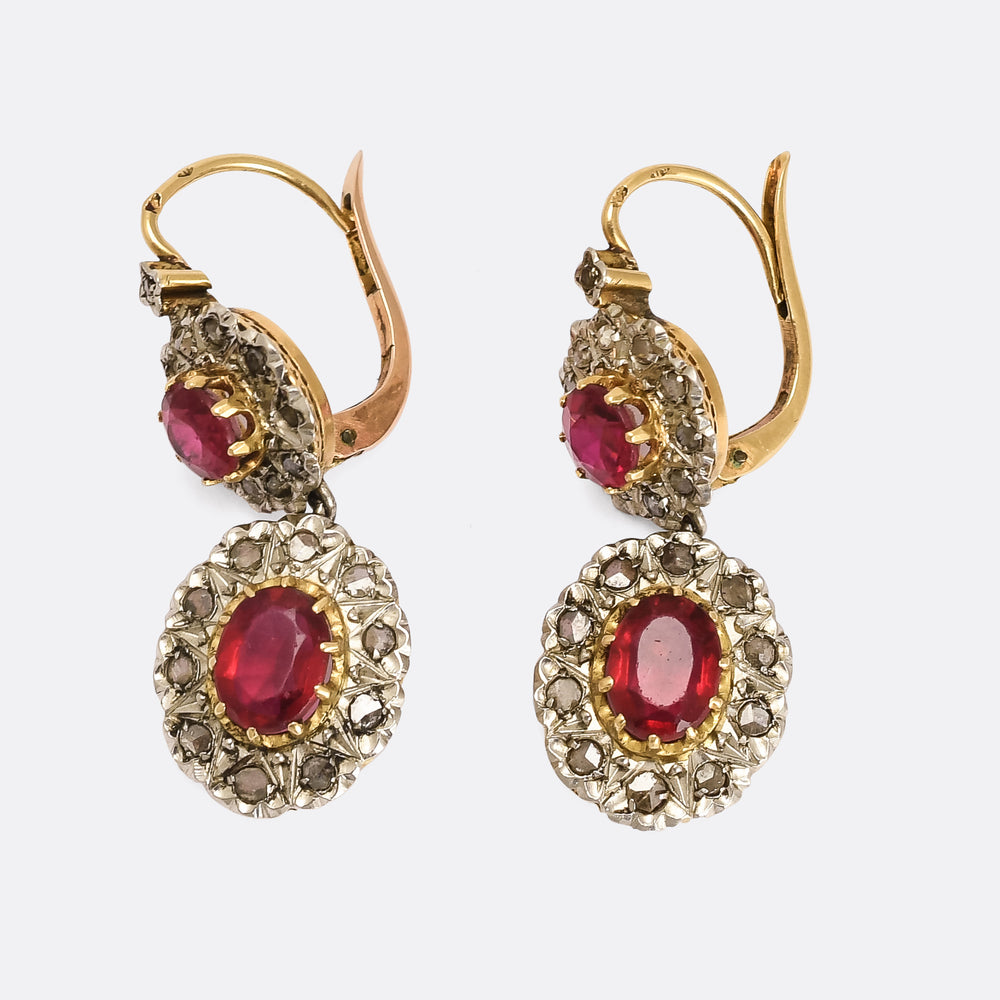 Late Victorian Ruby Paste & Rose Diamond Double Cluster Earrings