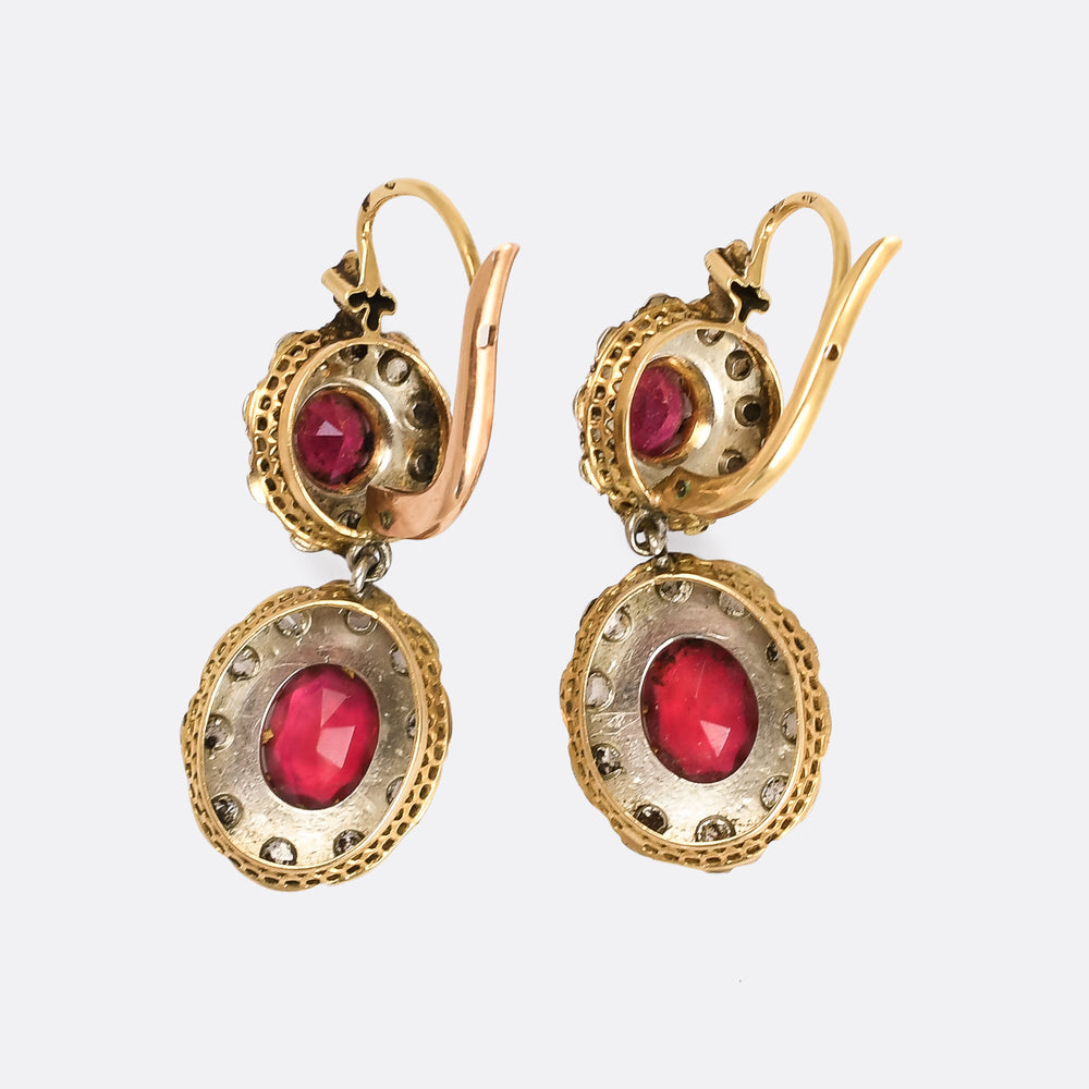 Late Victorian Ruby Paste & Rose Diamond Double Cluster Earrings