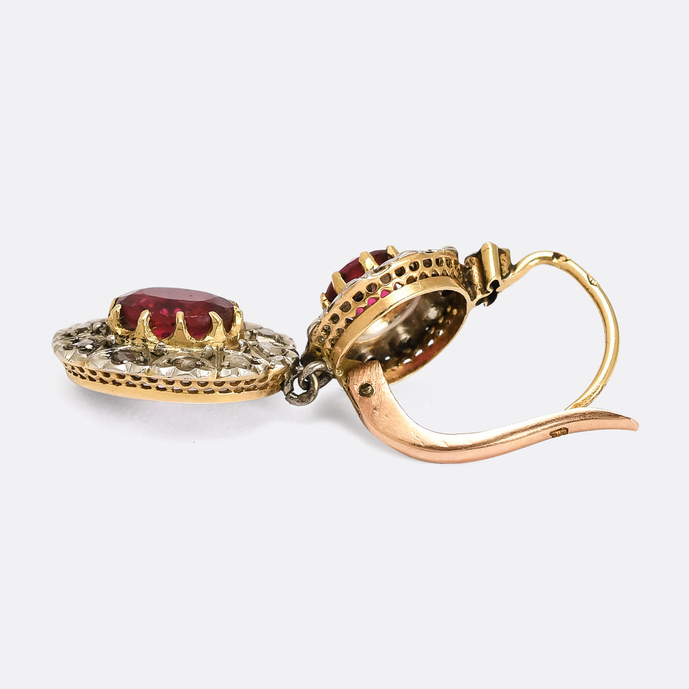 Late Victorian Ruby Paste & Rose Diamond Double Cluster Earrings