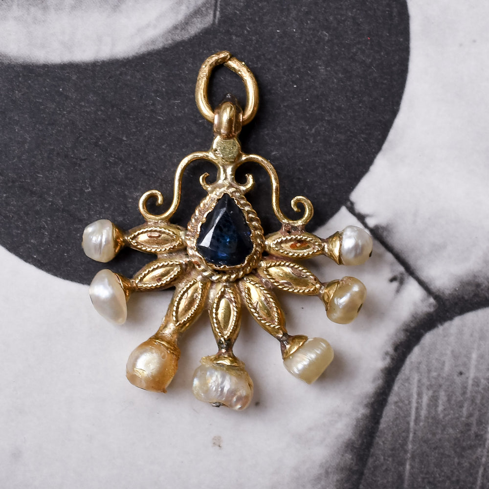 Late Victorian Sapphire & Baroque Pearl Fan Pendant