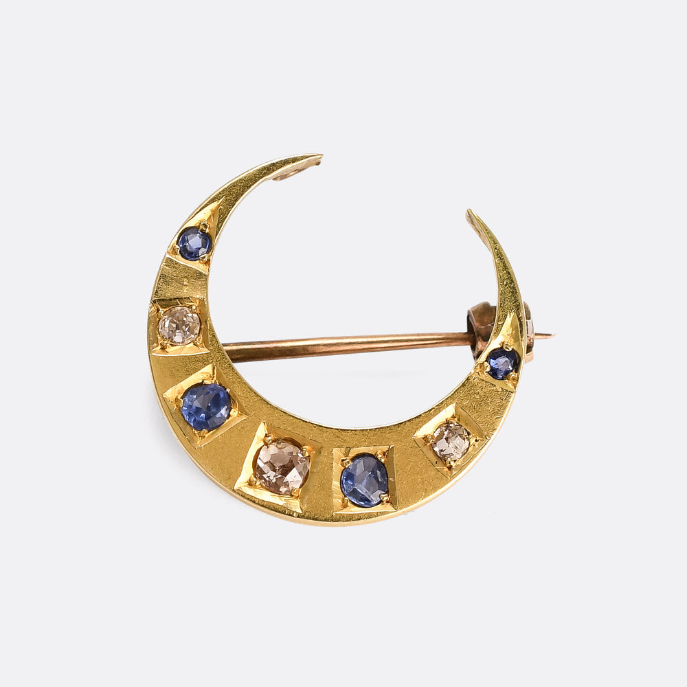 Late Victorian Sapphire & Diamond Crescent Moon Brooch