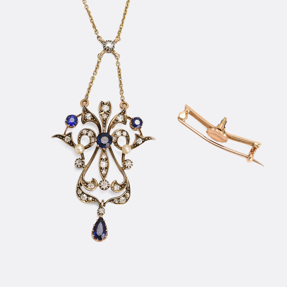 Late Victorian Sapphire, Pearl & Diamond Lavalier Pendant