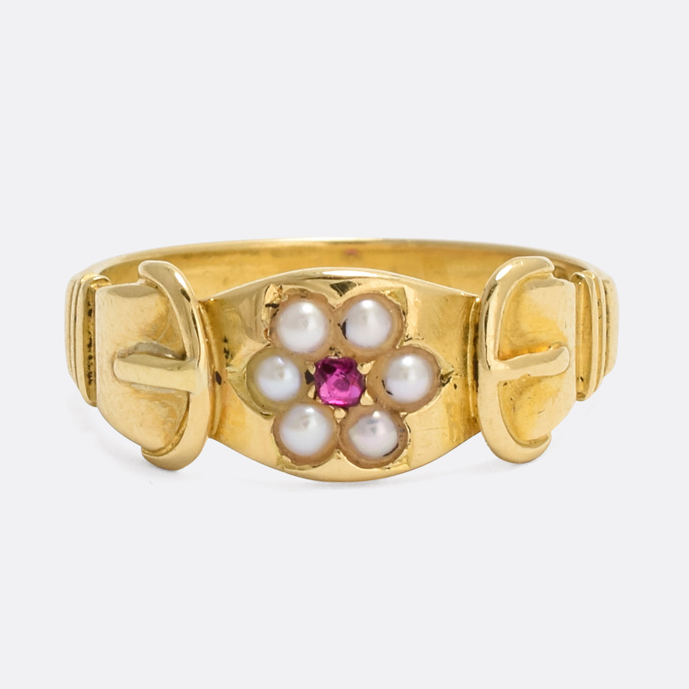 Late Victorian Ruby & Pearl Buckle Ring