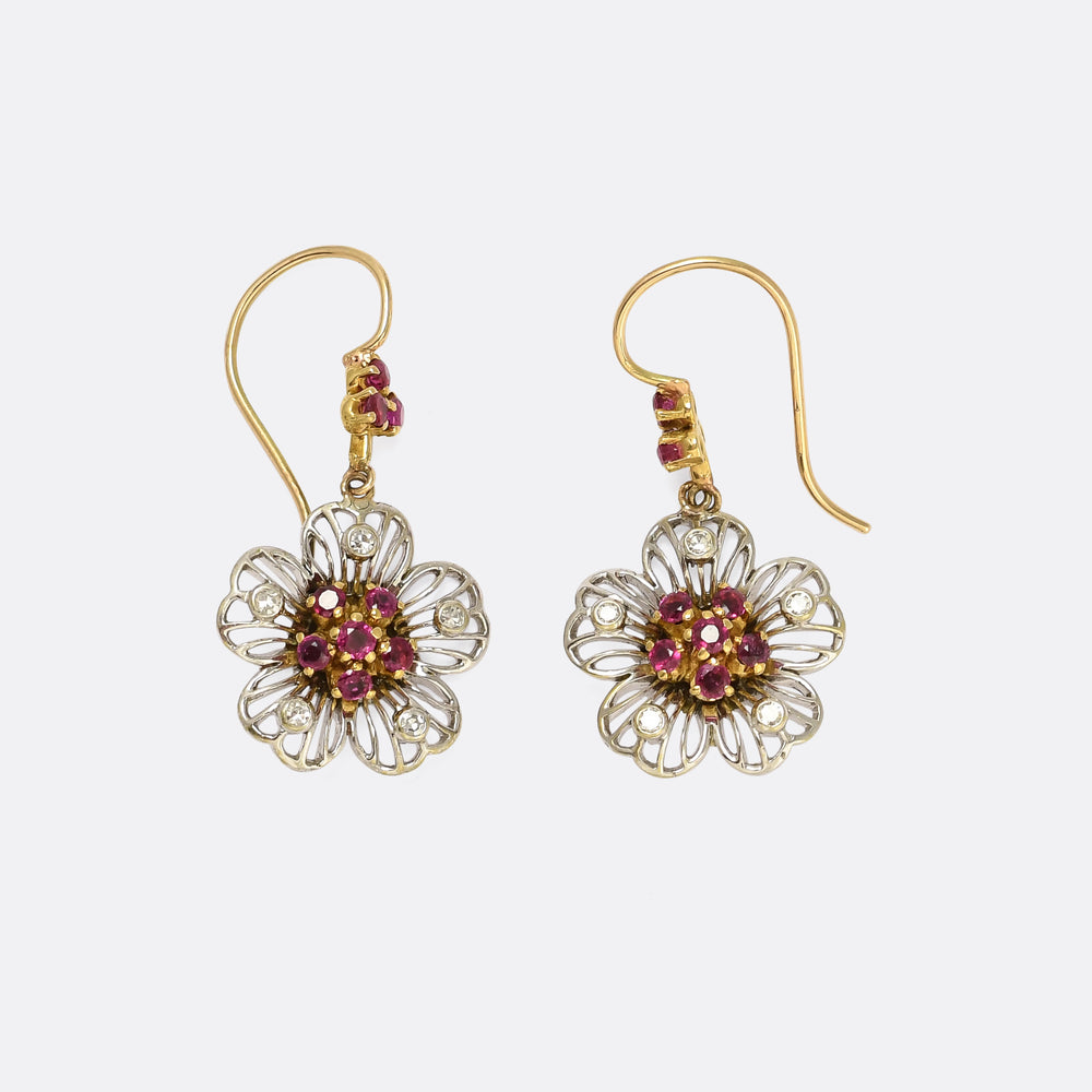 Mid-Century Diamond & Ruby Bi-Metal Flower Earrings