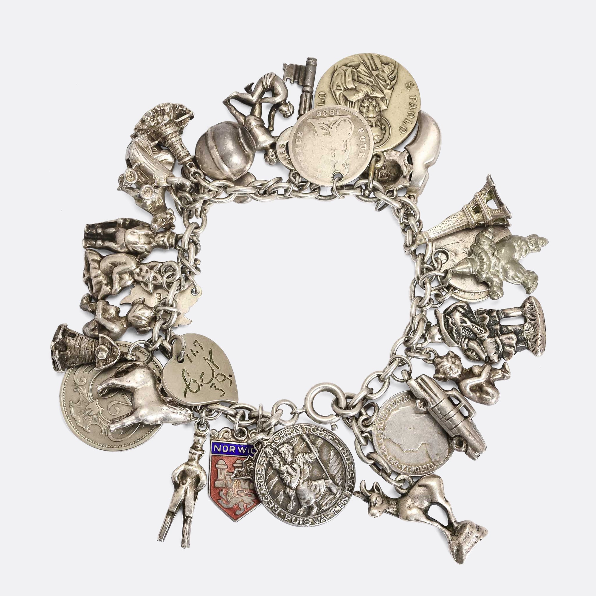 Vintage Sterling Silver Charm Bracelet With 21 Unusual Charms