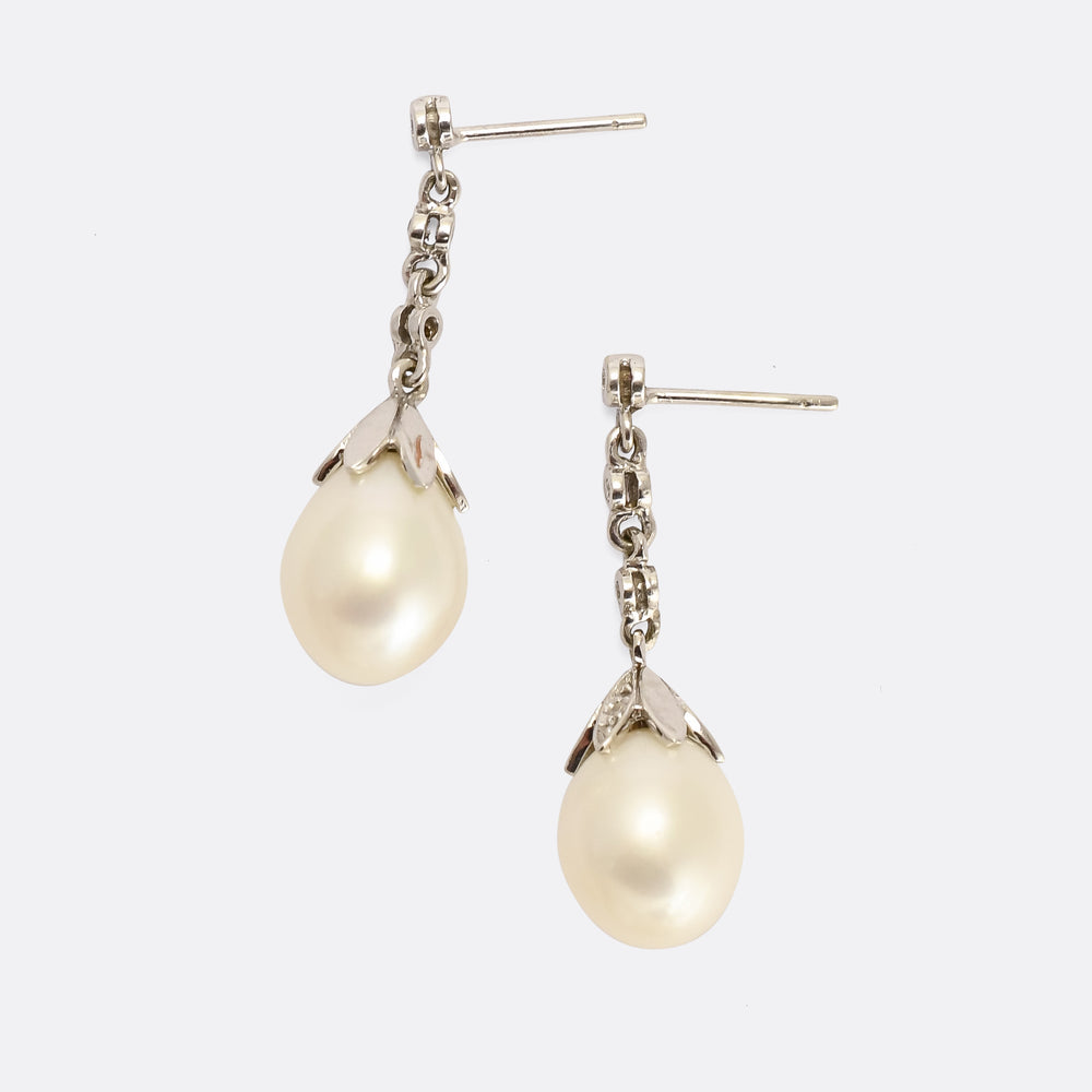 Mid-Century Pearl & Diamond Drop Earrings