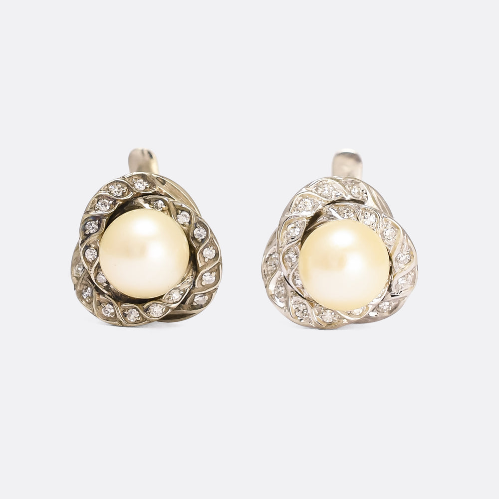 Mid-Century Pearl & Diamond Halo Earrings