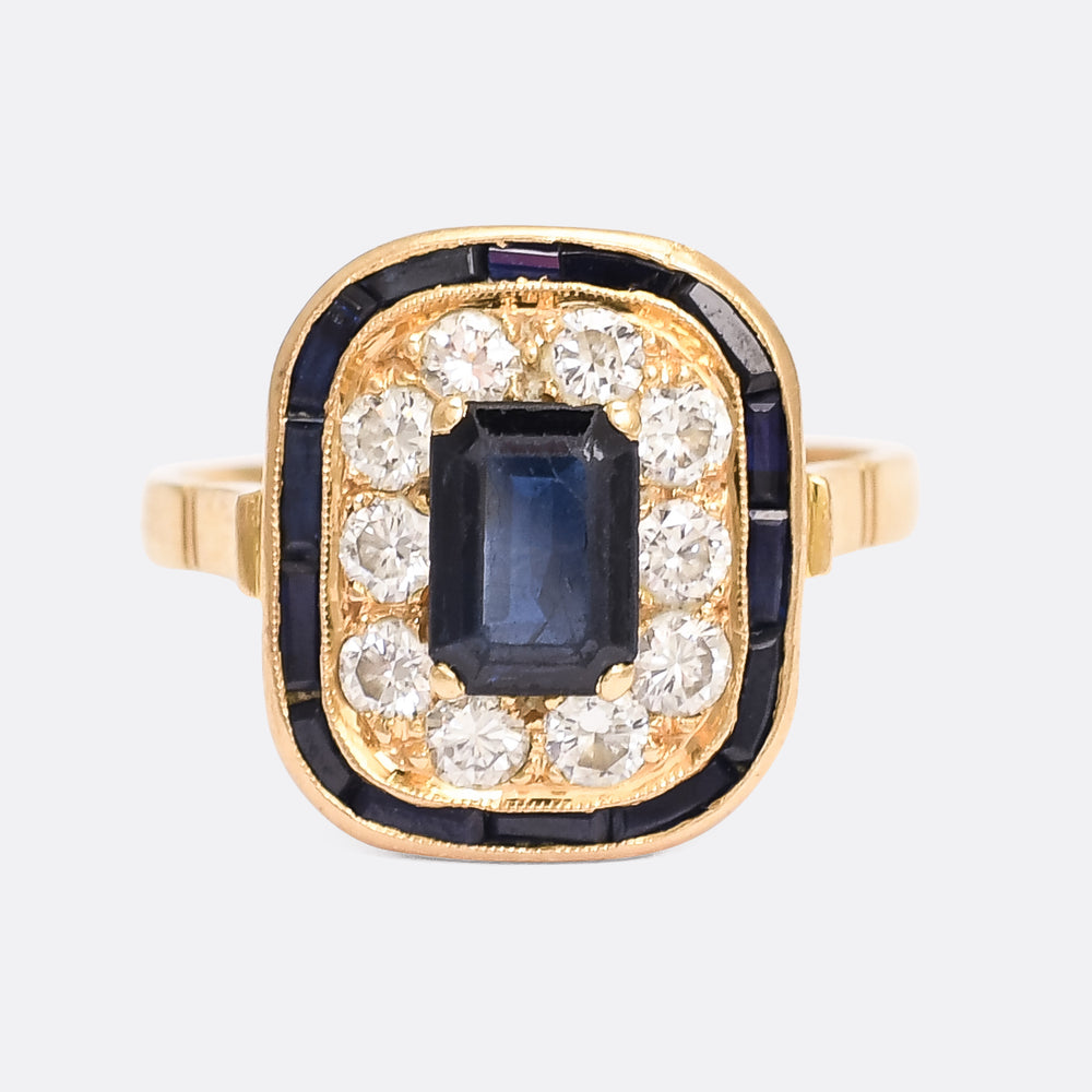 Mid-Century Sapphire & Diamond Cushion Cluster Ring