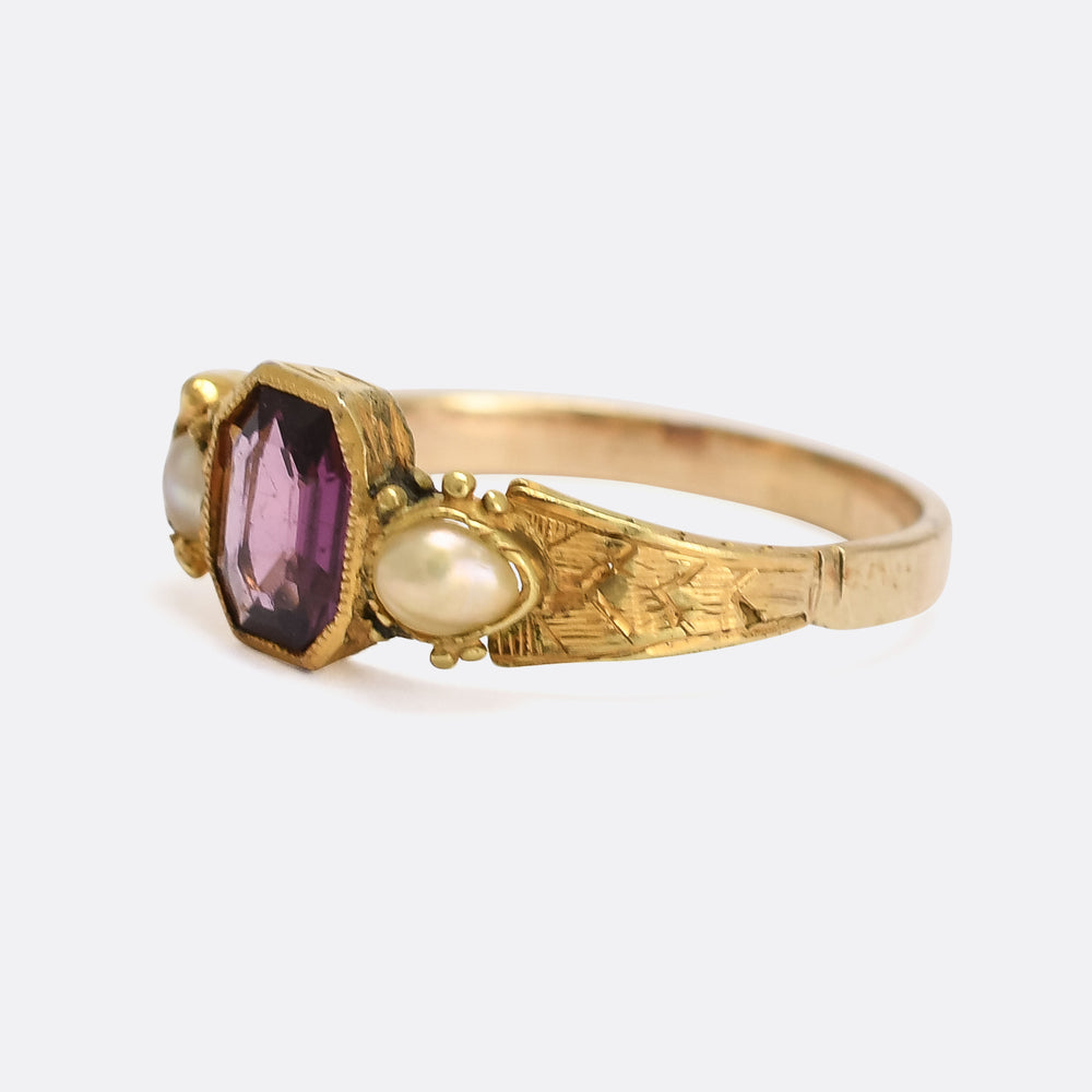 Mid-Victorian Almandine Garnet & Pearl Three-Stone Ring