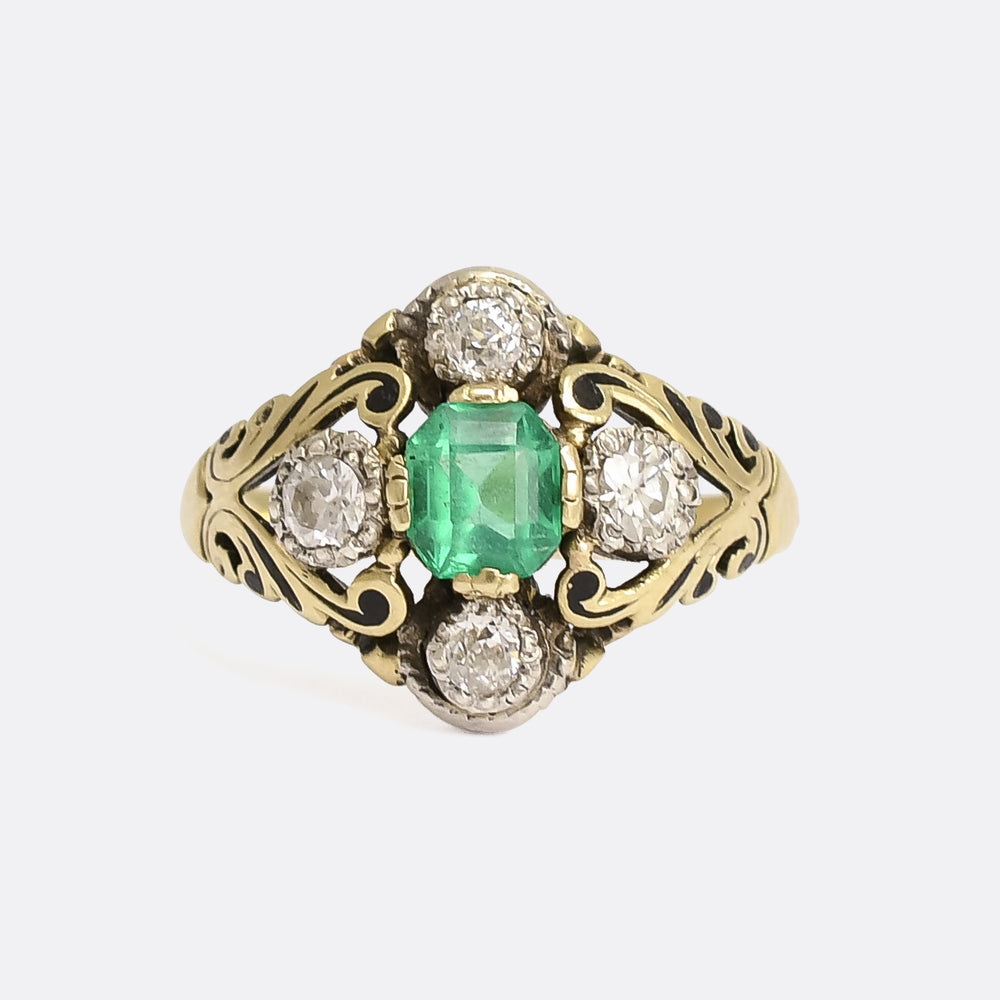 Mid-Victorian Emerald & Diamond Compass Point Cluster Ring