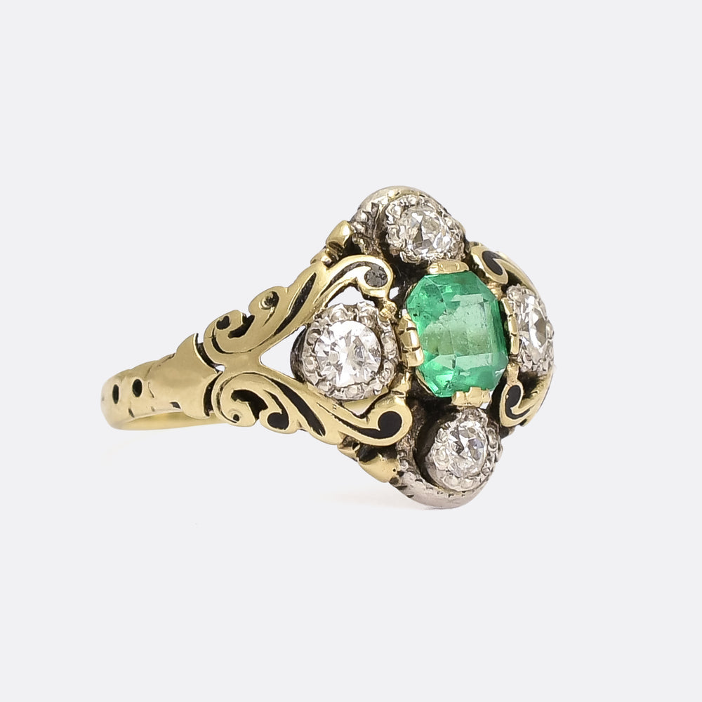 Mid-Victorian Emerald & Diamond Compass Point Cluster Ring