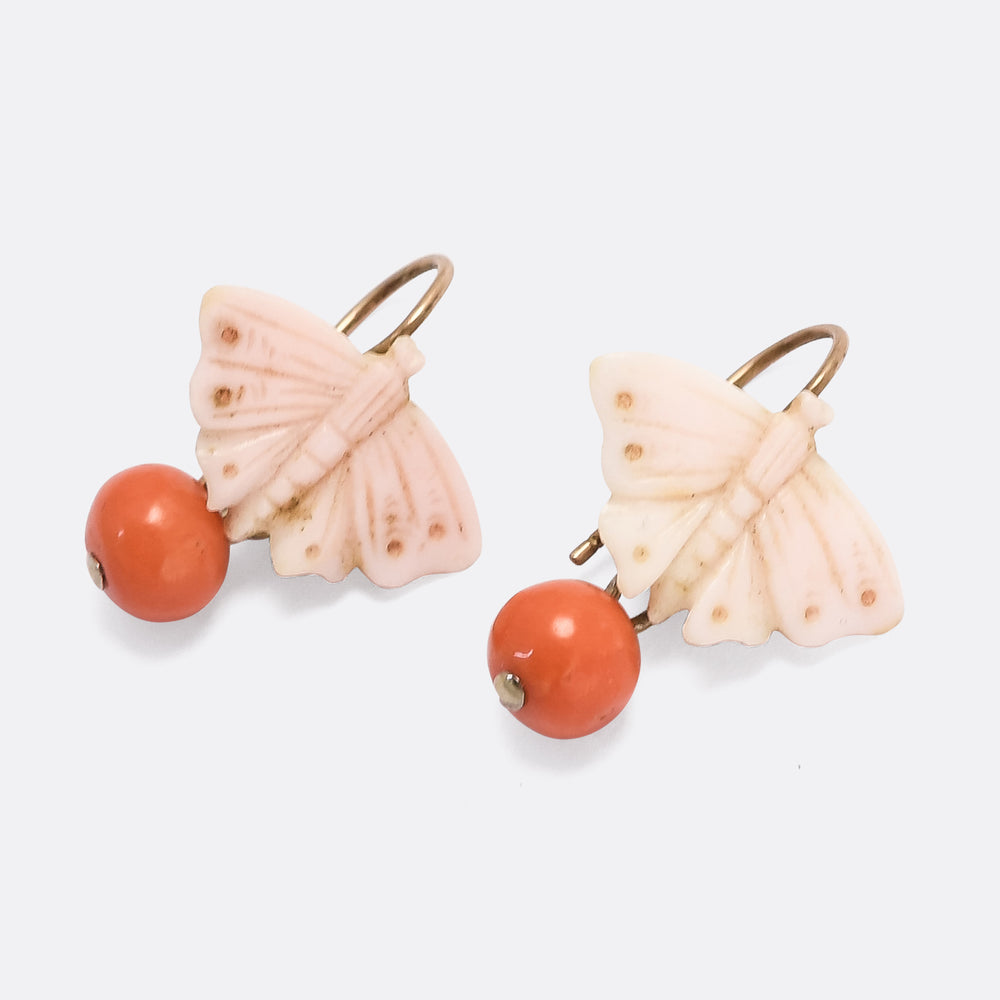 Mid-Victorian Two-Tone Coral Psyche Butterfly Earrings