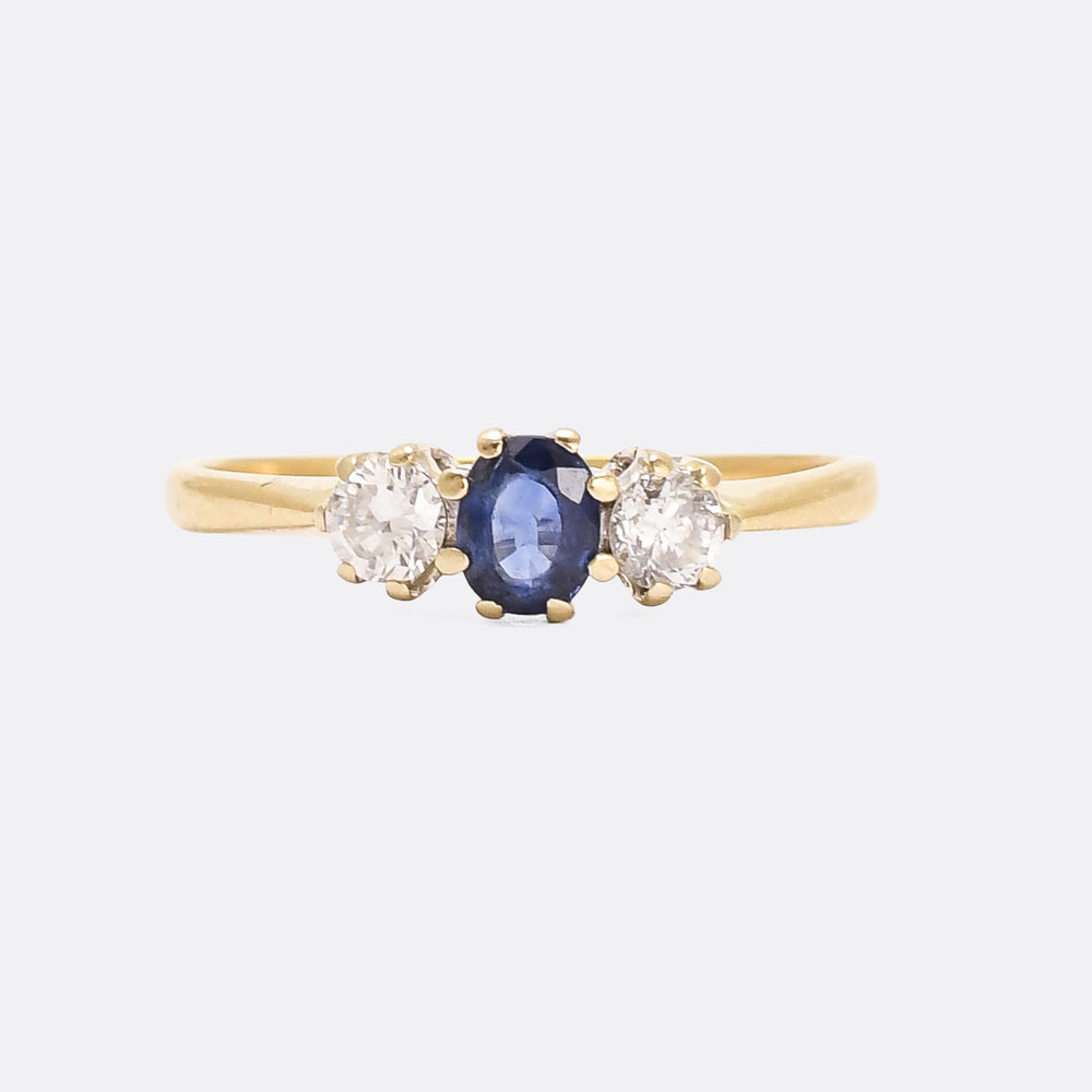 Mid Century Cornflower Sapphire & Diamond Trilogy Ring