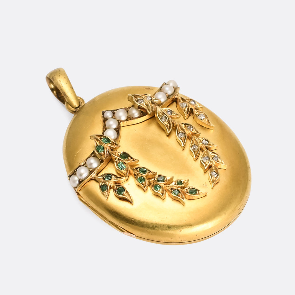 Mid Victorian Diamond, Emerald & Pearl Laurel Locket