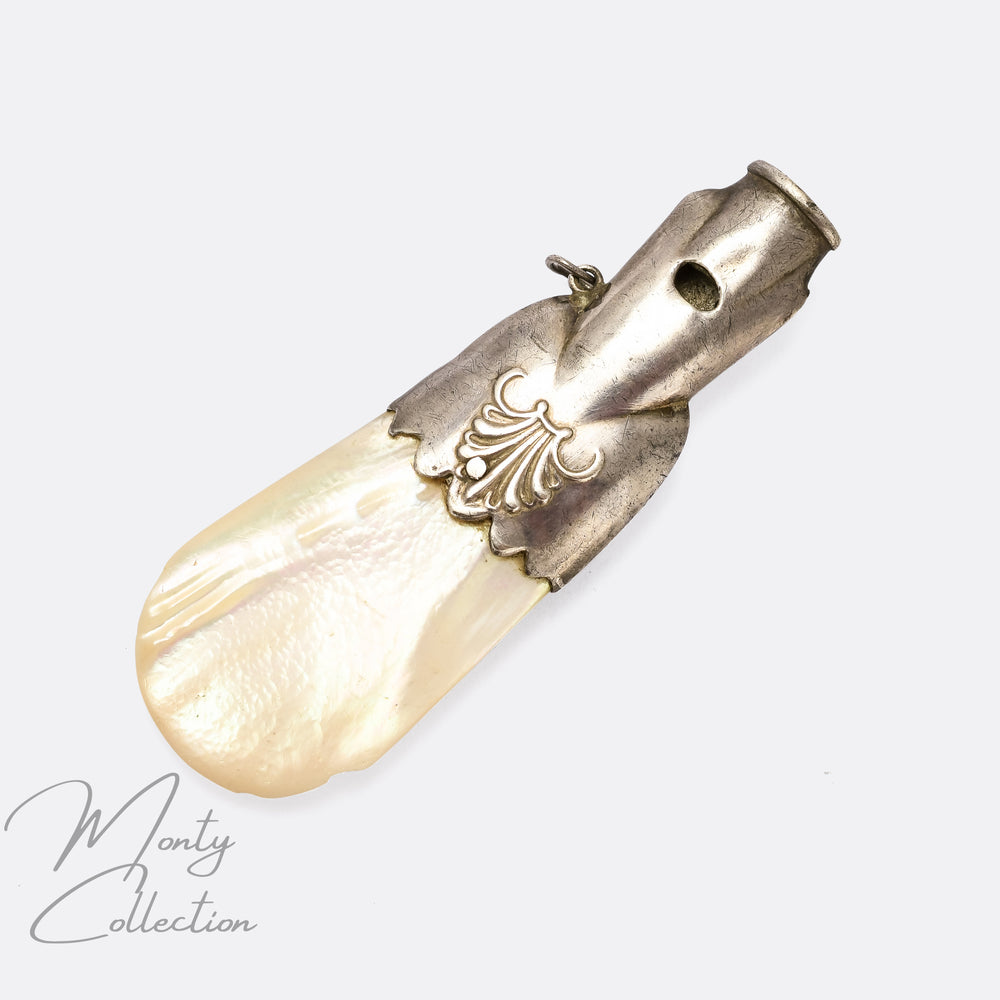 Mid Victorian Mother of Pearl Silver Whistle Pendant