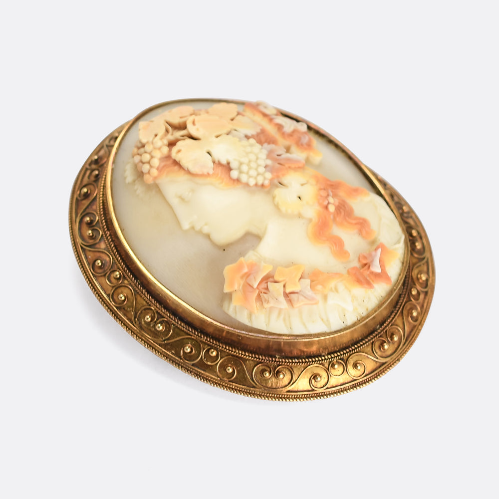 Mid Victorian Neoclassical Bacchante Shell Cameo Brooch