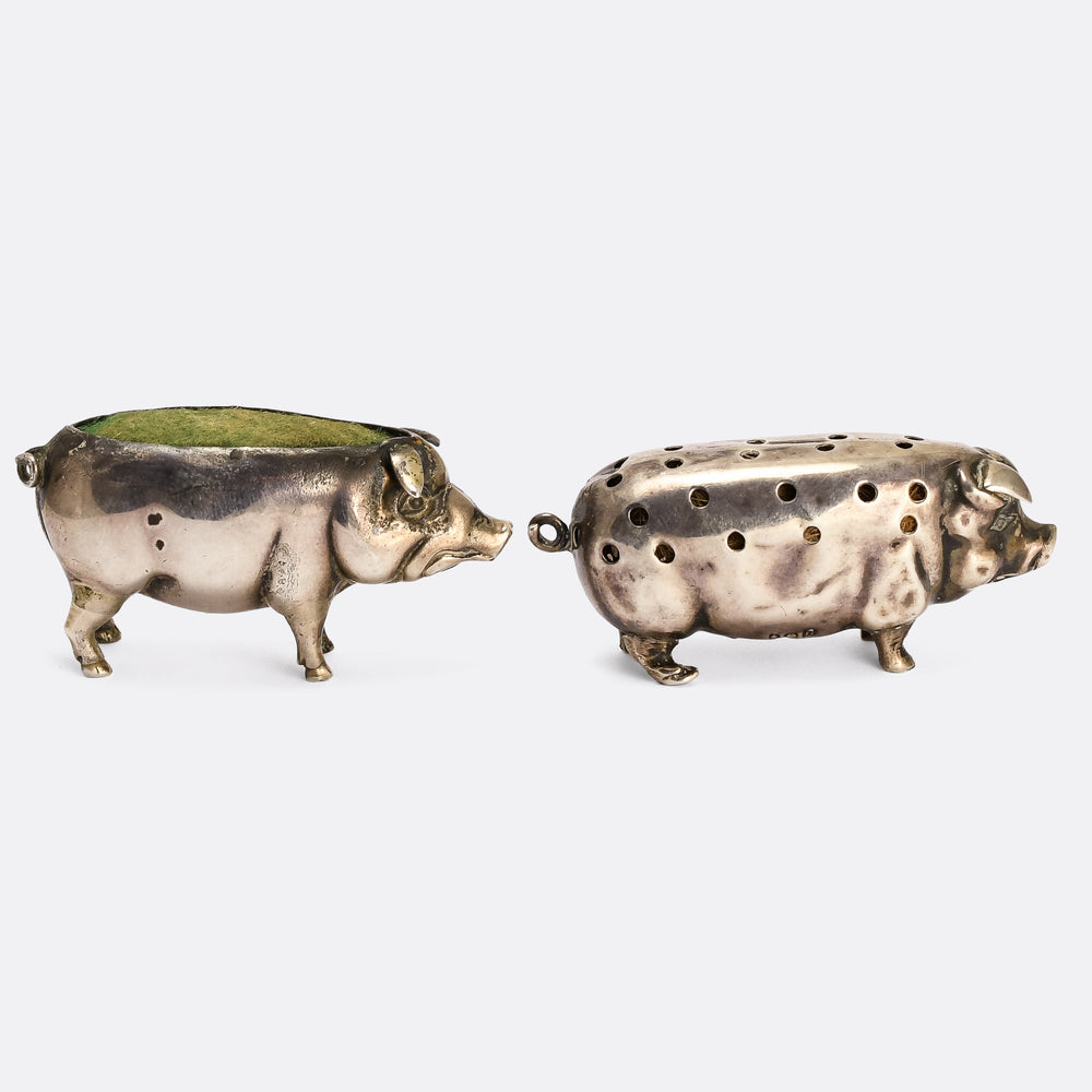 Pair of Edwardian Silver Pig Pin Cushions