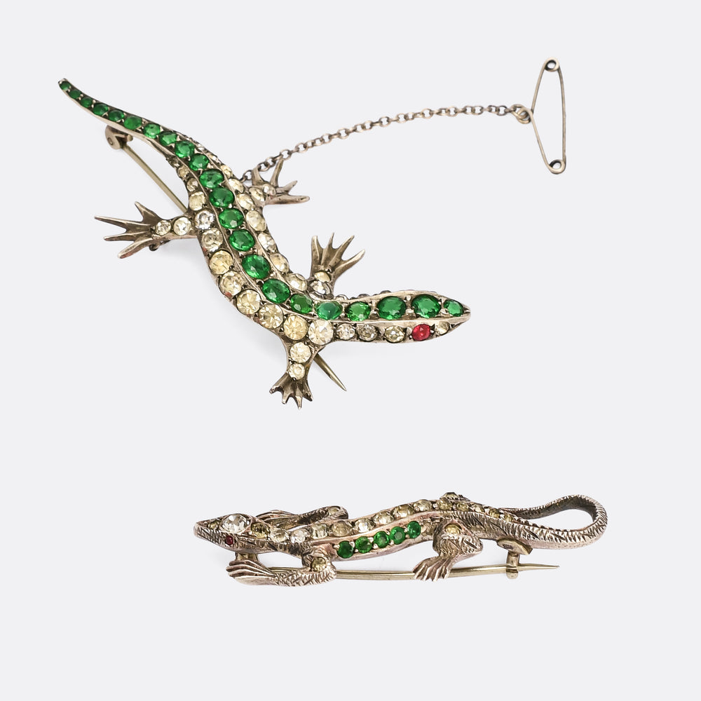 Pair of Green & White Paste Salamander Brooches