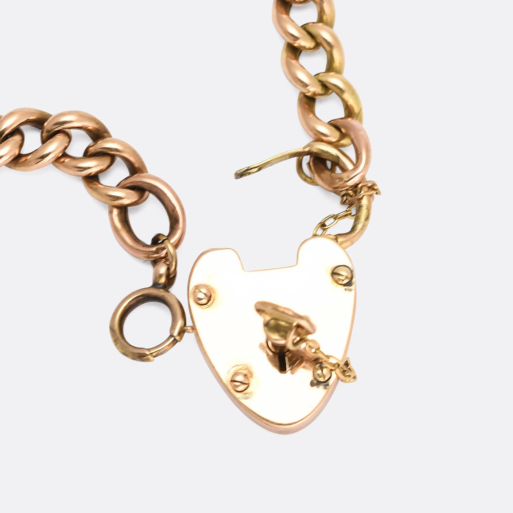 Victorian 15k Gold Curb-Link Bracelet with Heart Padlock