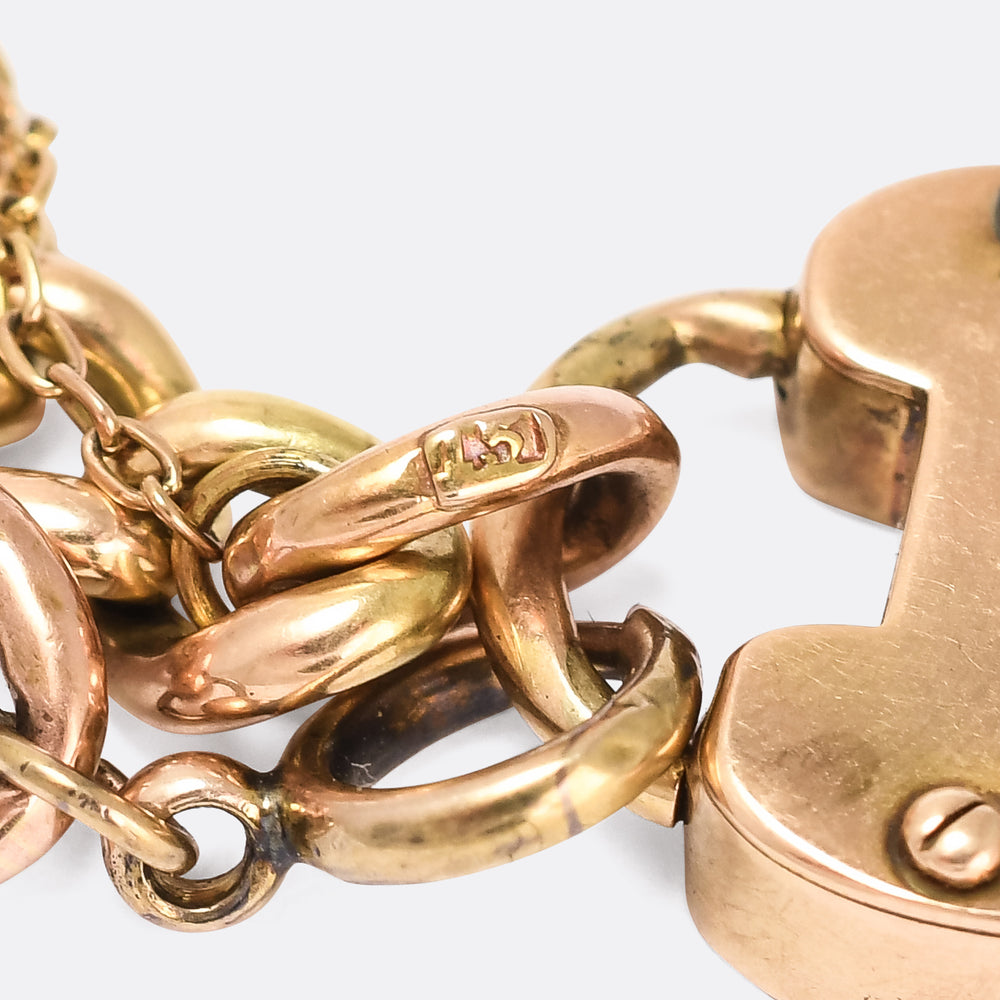 Victorian 15k Gold Curb-Link Bracelet with Heart Padlock