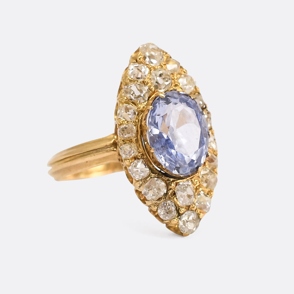 Victorian 2.32ct Ceylon Cornflower Sapphire Navette Cluster Ring