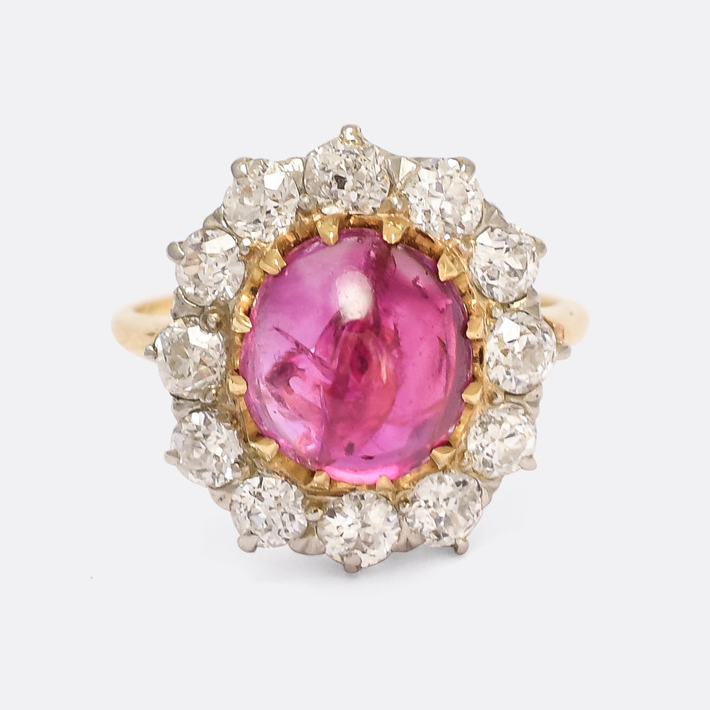 Victorian 3.63ct Burma Ruby Cabochon & Diamond Cluster Ring