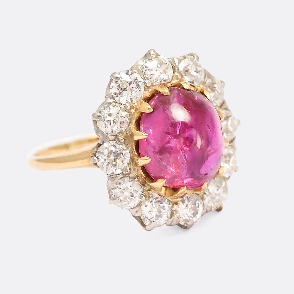 Victorian 3.63ct Burma Ruby Cabochon & Diamond Cluster Ring