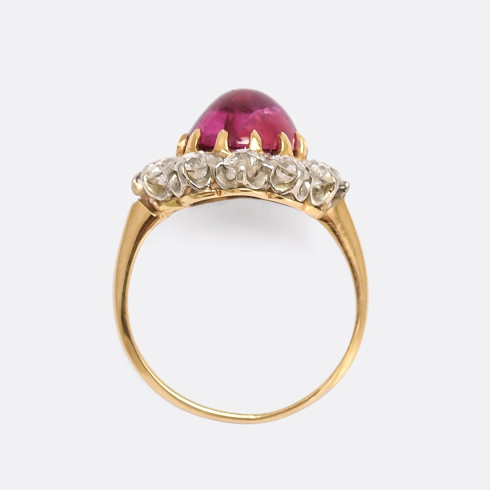 Victorian 3.63ct Burma Ruby Cabochon & Diamond Cluster Ring