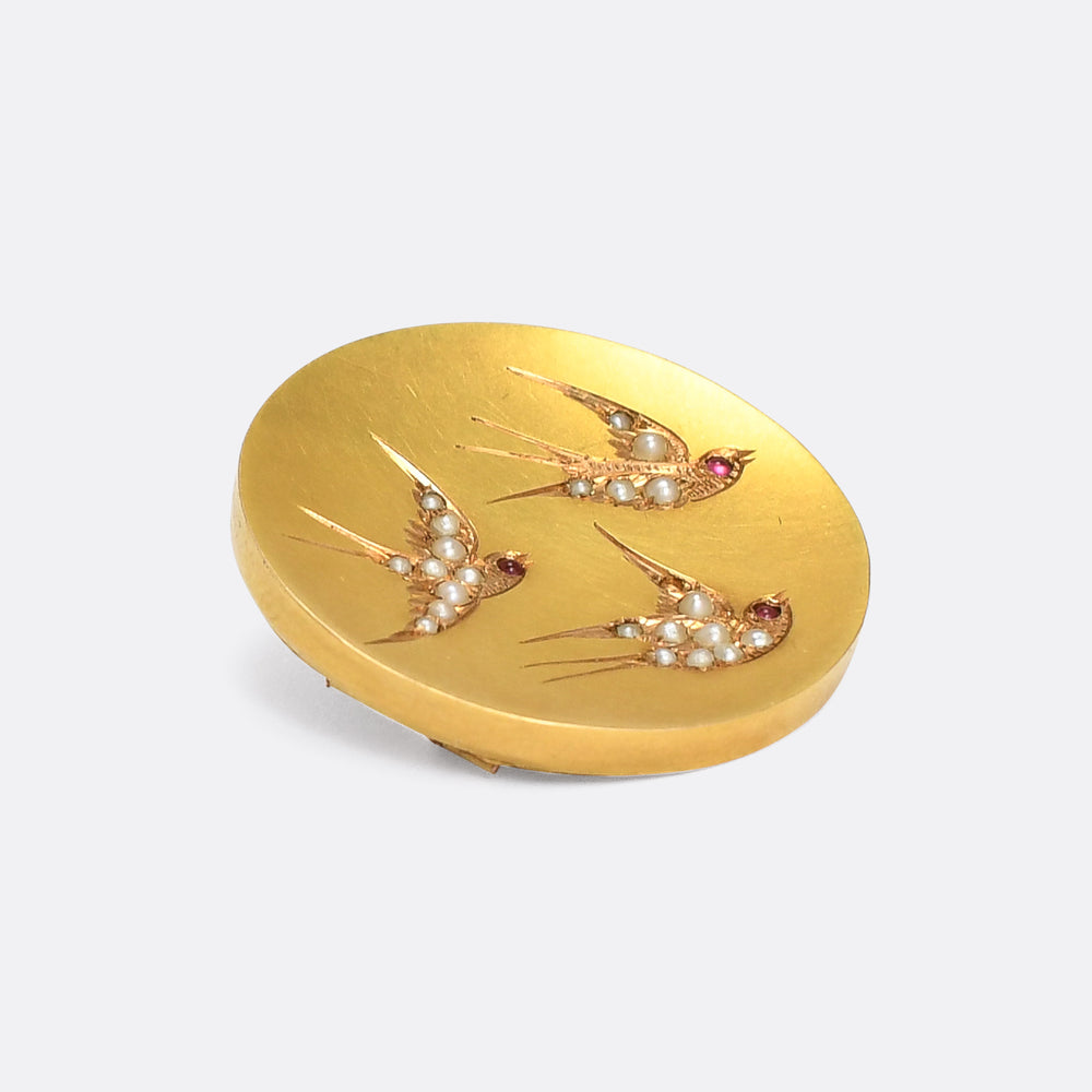 Victorian Aesthetic Movement Three Swallows Brooch