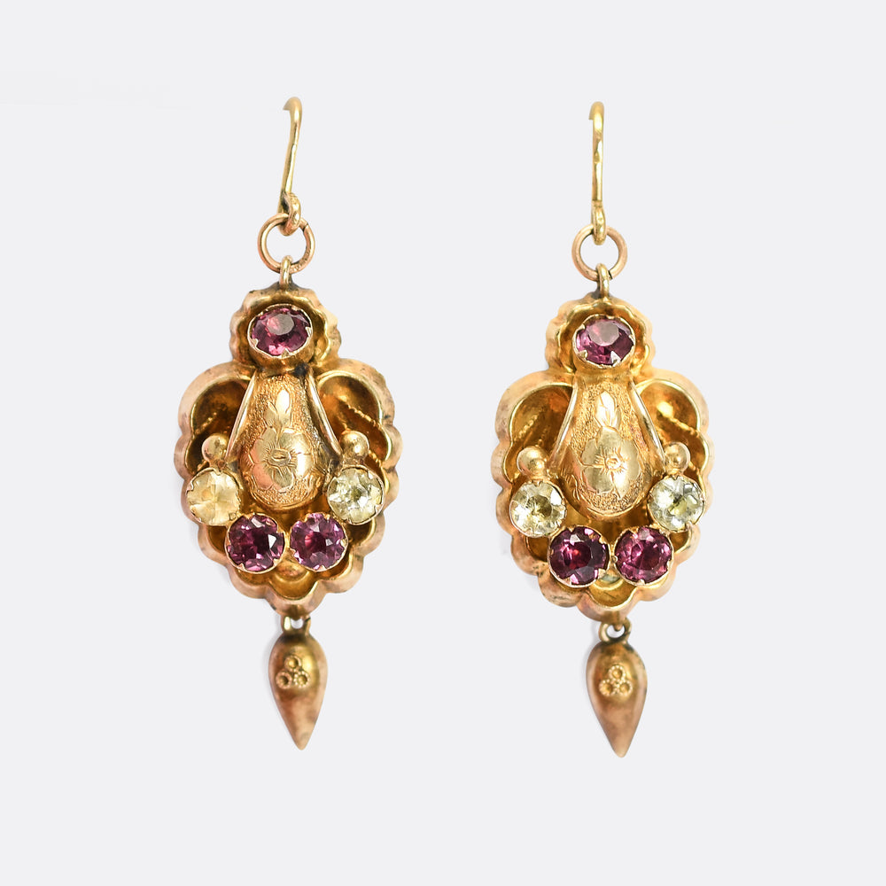 Victorian Almandine Garnet & Chrysolite Shell Earrings
