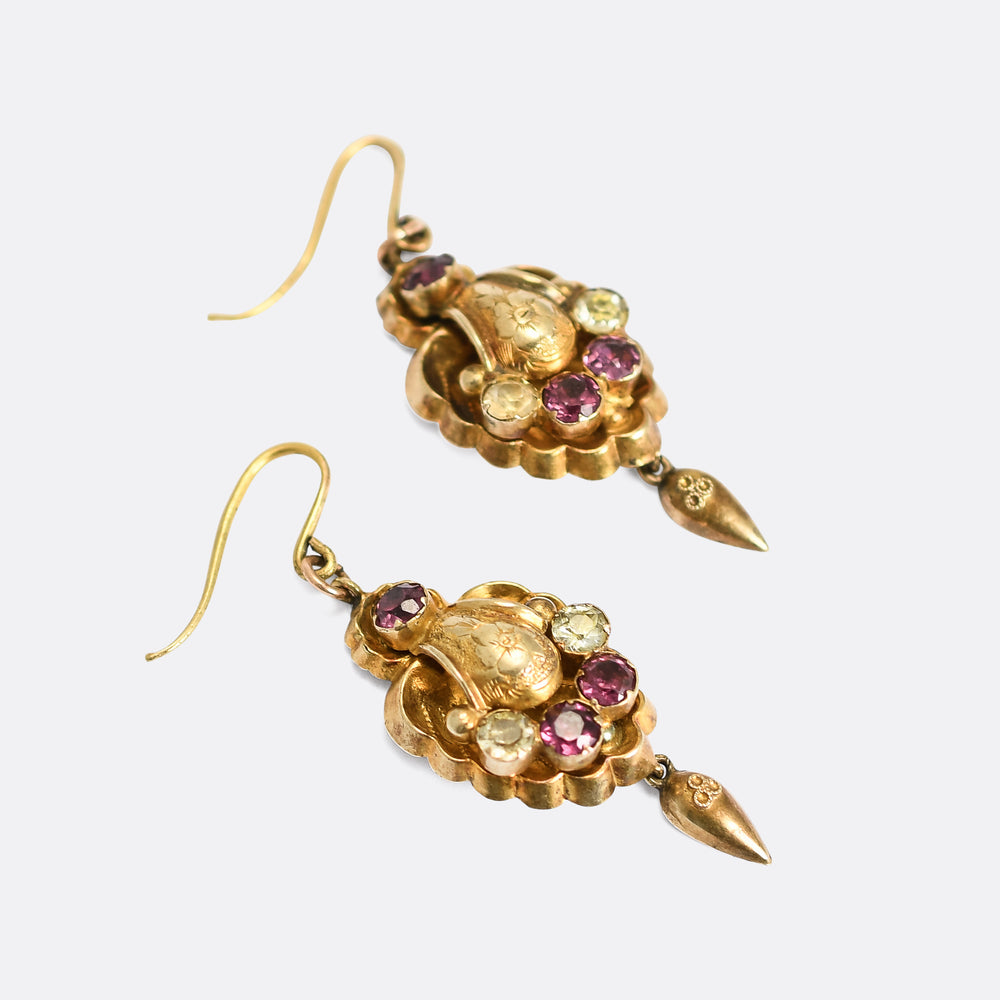 Victorian Almandine Garnet & Chrysolite Shell Earrings