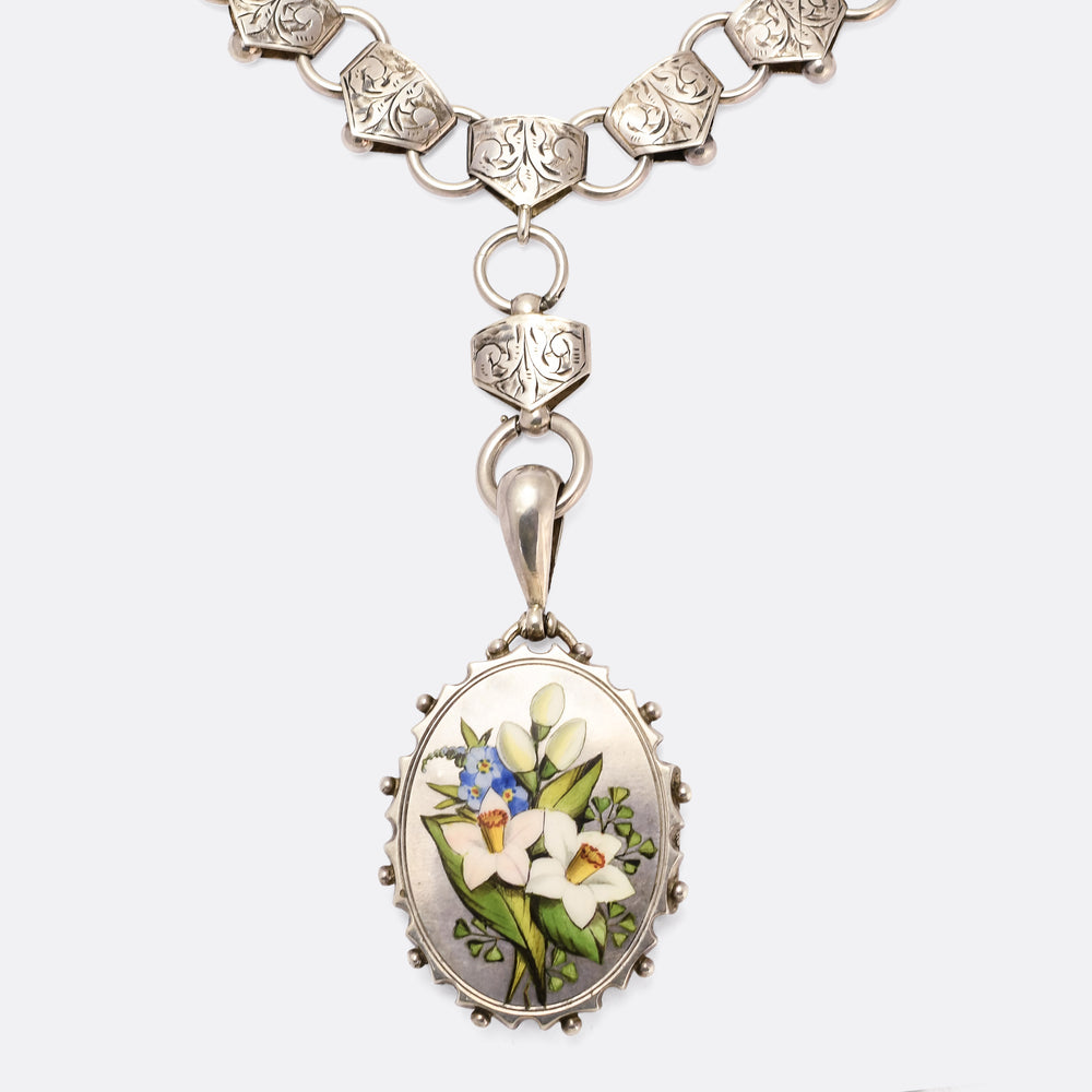 Victorian Enamel Language of Flowers Locket & Collar Necklace