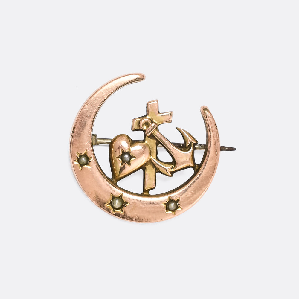 Victorian Hope Faith & Charity Pearl Crescent Brooch