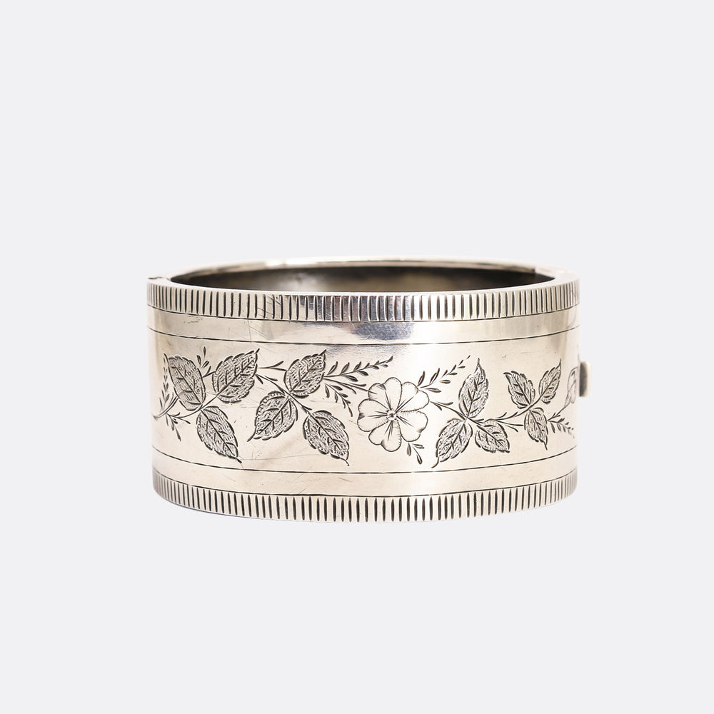 Victorian Language of Flowers Silver Cuff Bangle