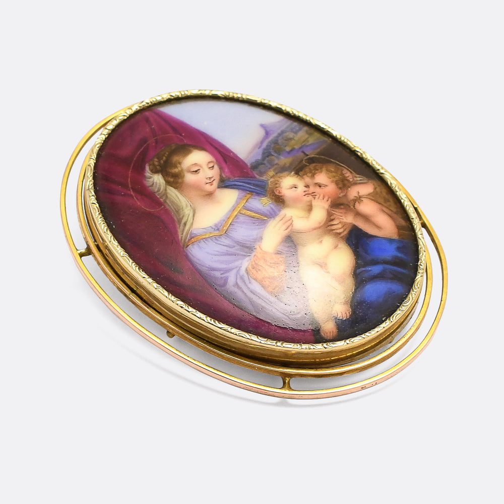 Victorian Madonna & Child With St John Enamel Miniature Brooch