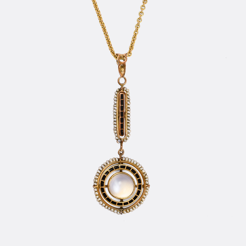 Victorian Moonstone, Pearl & Black Enamel Pendant