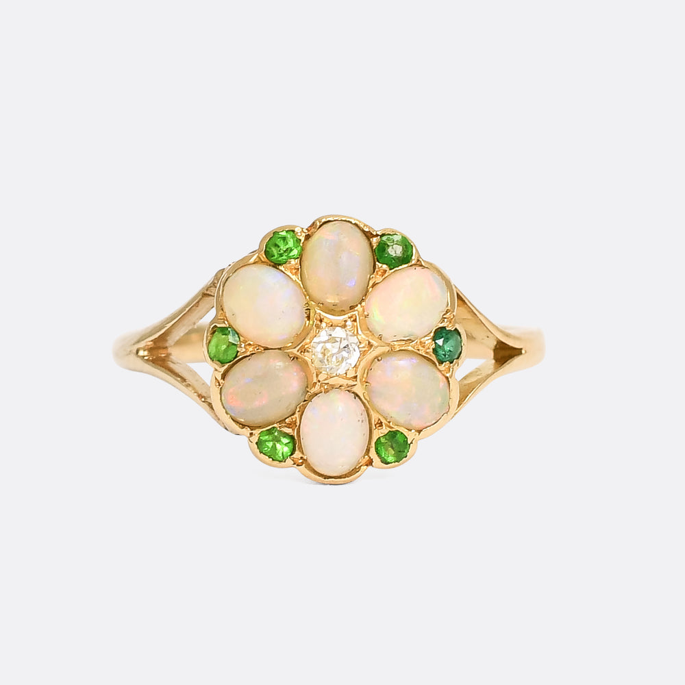 Victorian Opal Diamond & Demantoid Garnet Cluster Ring