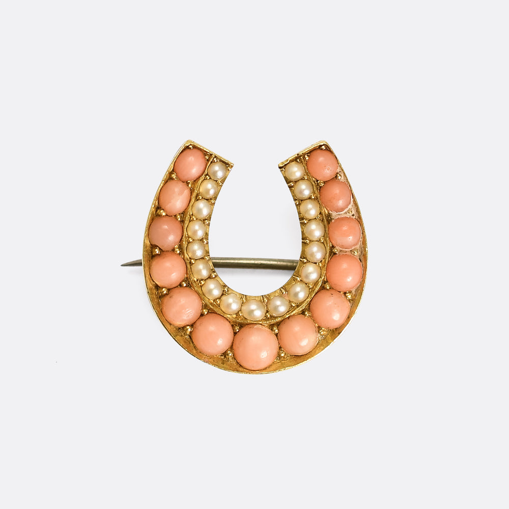 Victorian Pearl & Coral Lucky Horseshoe Brooch