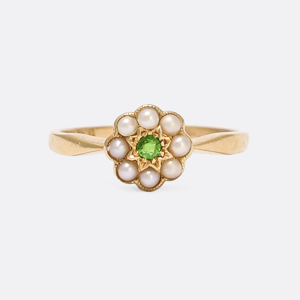 Victorian Pearl & Demantoid Garnet Flower Ring