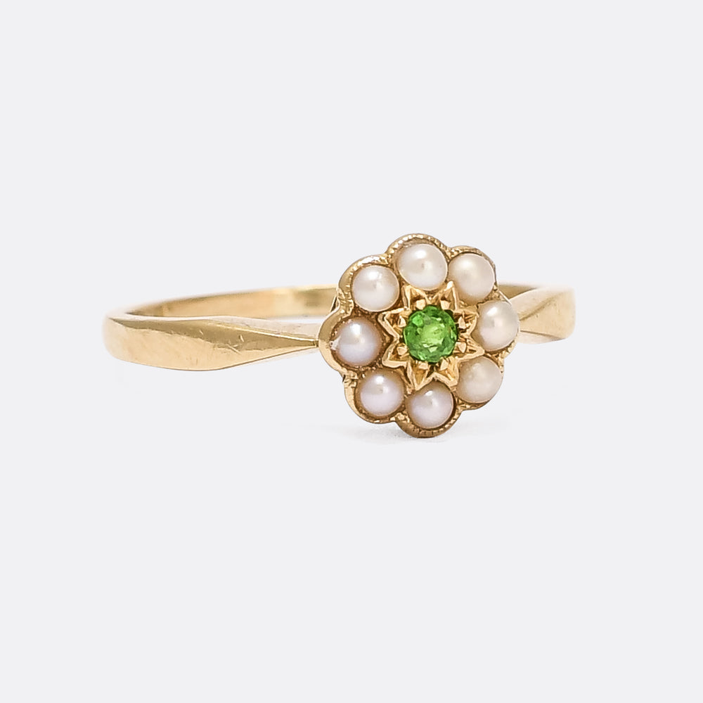 Victorian Pearl & Demantoid Garnet Flower Ring