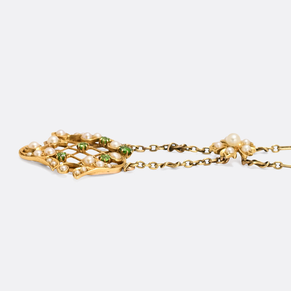 Victorian Pearl & Demantoid Garnet Pendant Necklace