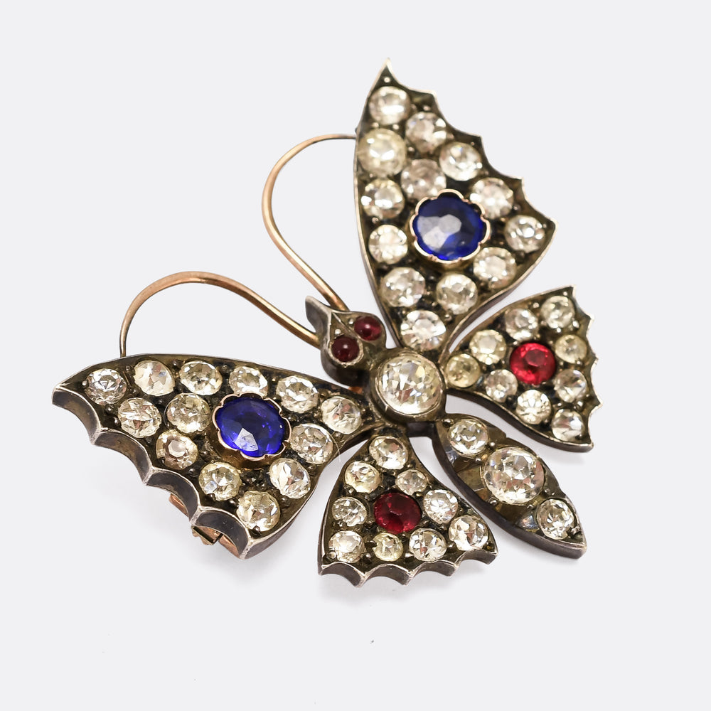 Victorian Red White & Blue Paste Butterfly Brooch