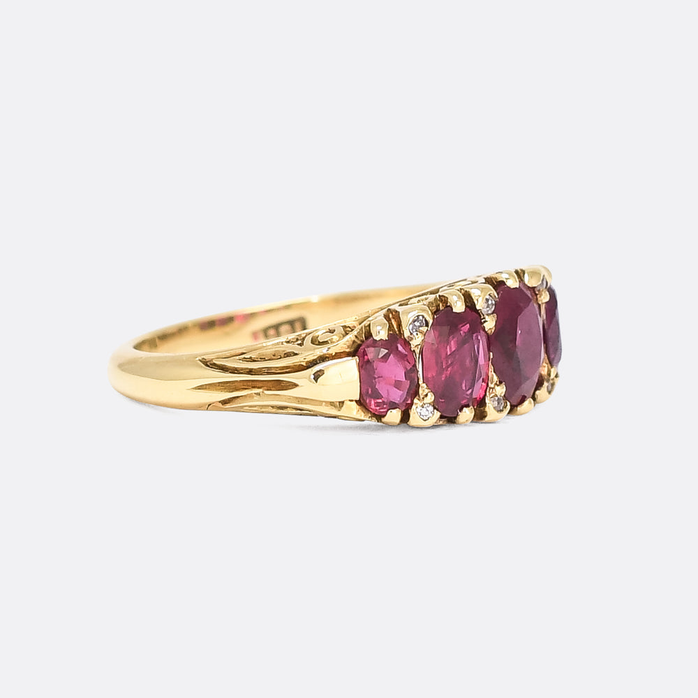 Victorian Ruby & Diamond Scrolled 5-Stone Ring