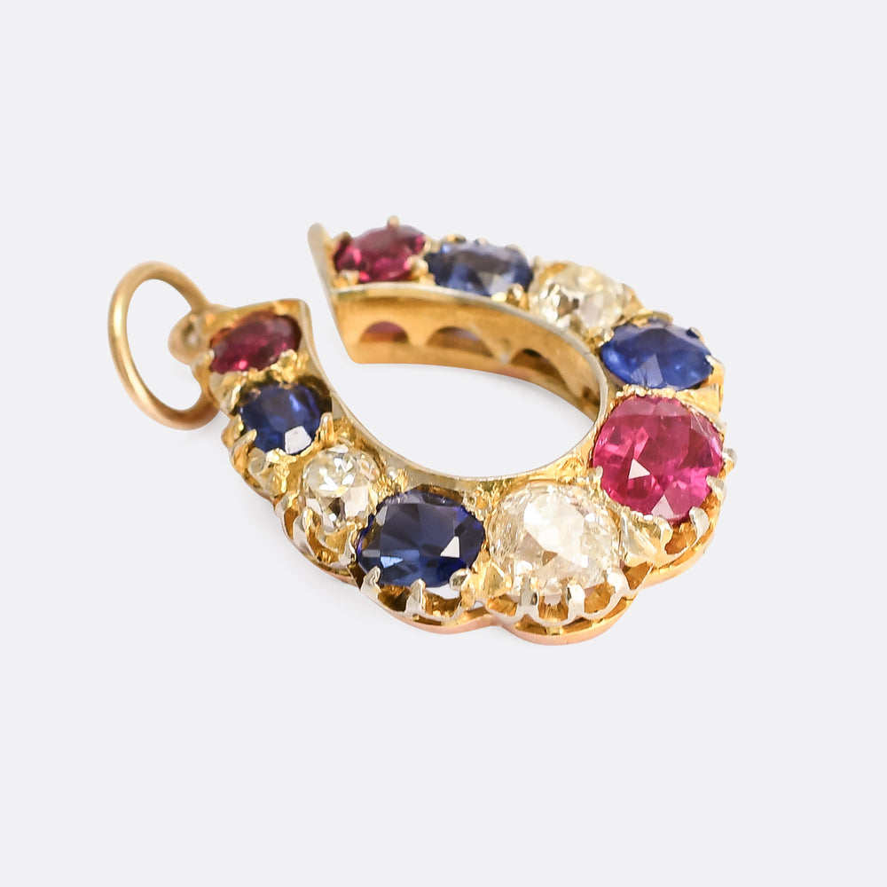 Victorian Ruby, Sapphire & Diamond Horseshoe Pendant