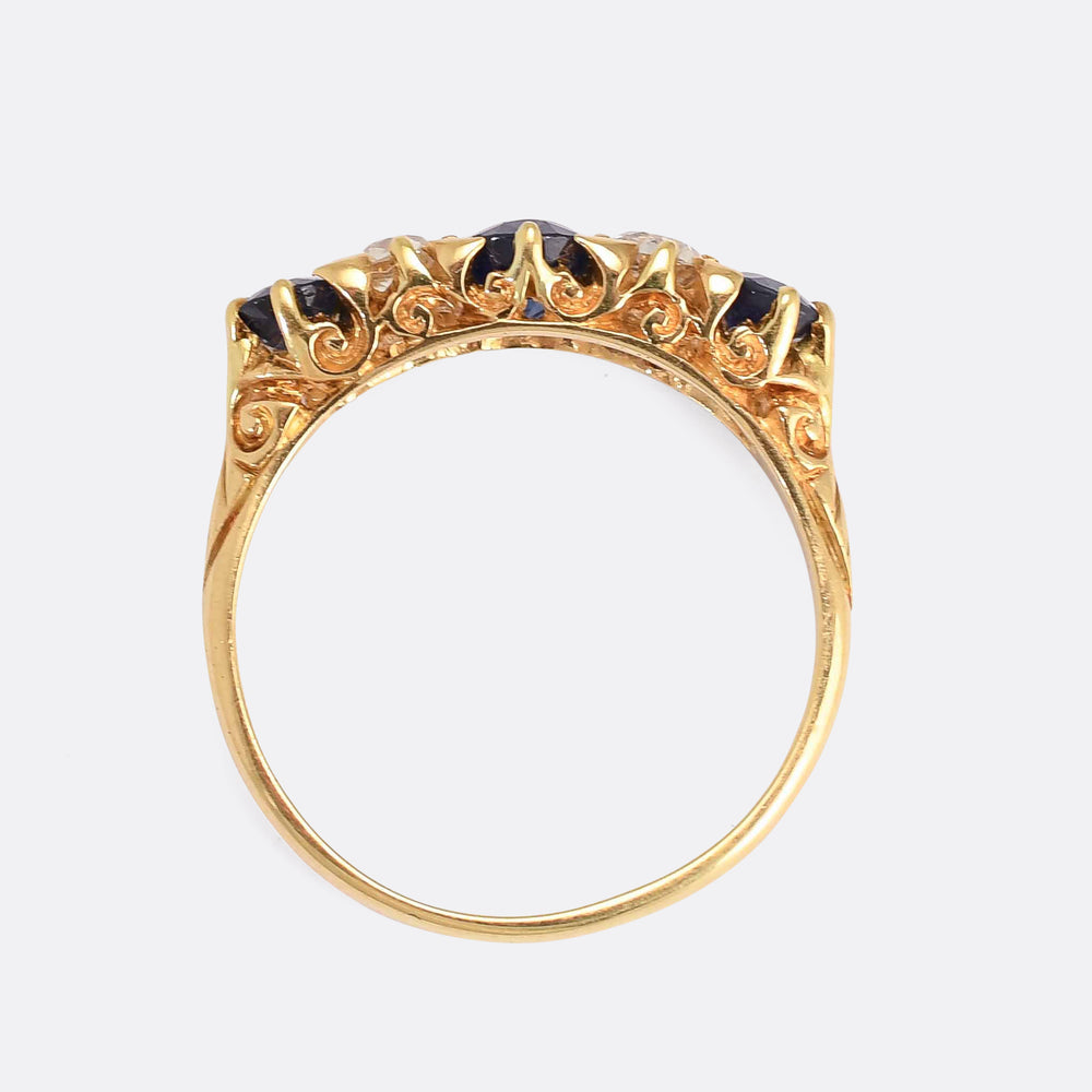 Victorian Sapphire & Diamond Carved Half Hoop Ring
