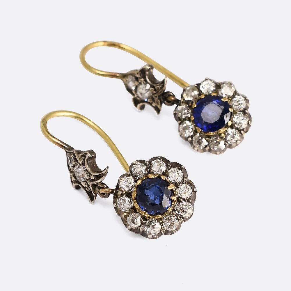 Victorian Sapphire & Diamond Fleur-de-lys Cluster Earrings
